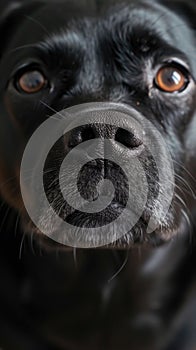 There is a close up of a dog's face with a black coat