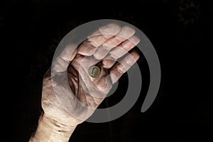 There is a coin in the hand. The concept of asking for help.