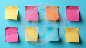 Blank Sticky Notes On A Blue Wall For Reminders And Ideas