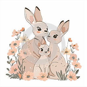 There is a cute rabbit family in a garden full of flowers.