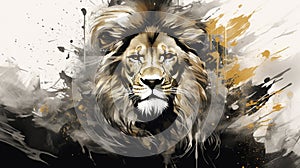 gold and white exquisite ink painting of multiple exposure art, a far away view of a royal Lion, photo