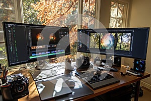 There is a desk featuring three computer monitors set up in a room