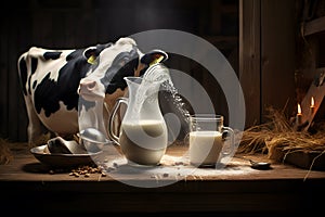 There is fresh milk from a cow in a glass. World Milk Day concept.