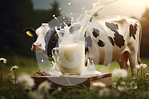 There is fresh milk from a cow in a glass. World Milk Day concept