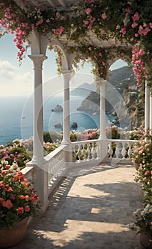 There is a gazebo with flowers and a boat in the ocean.