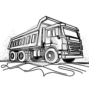 There is an image of a Dump Truck, portrayed in black and white, situated against a plain white background.