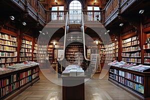 There is a large library with many books on the shelves