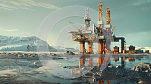 There is a large oil rig in the middle of the frozen ocean. The tower is surrounded by ice and snow. The sky is clearThere is a