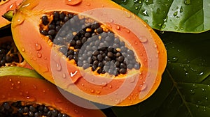 There are a lot of wet papaya fruits. Selective focus.