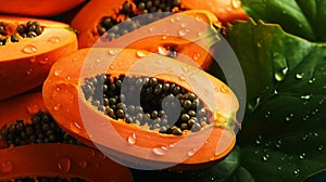 There are a lot of wet papaya fruits. Selective focus.