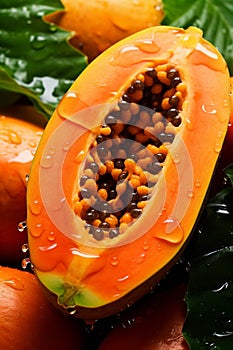 There are a lot of wet papaya fruits. Selective focus.