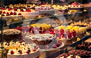 there are many cakes on display in an opaque showcase