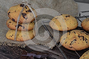 there are many cookies with chocolate on the burlap