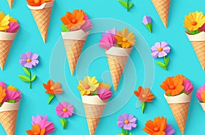 there are many ice cream cones with flowers in them on a blue background