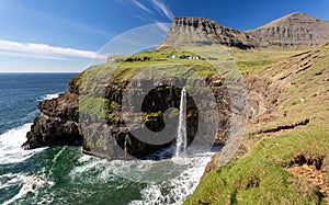 Aerial view of the GÃÂ¡sadalur waterfall in Faroe Islands
