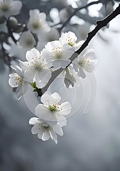 there are many white flowers on the branch of the tree in the fog, beautiful detail, with backlight, there is ugliness in beauty,