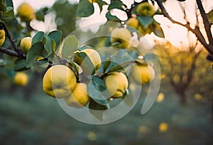there are many yellow apples growing on the trees outside of the woods