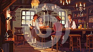 There is an old tavern with a waitress, bartender, and a man who is sitting at a wooden table with candlelight. Modern