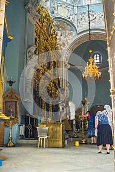 Interior of the ancient Orthodox Church of the icon of Our Lady of the Sign, Znamenskaya church in manor Dubrovitsy, Russia.