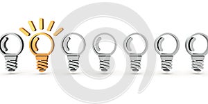 There is only one light bulb. It represents an idea. White background. 3D rendering