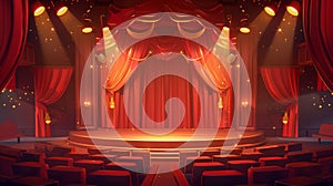 There are red curtains over the stage, spotlights and empty rows of seats. Theater interior with luxury velvet drapes