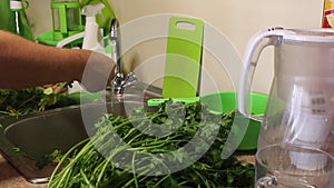 There`s parsley in the kitchen sink. The man washes it under the tap and sorts it. To the right of the sink is a lot of good