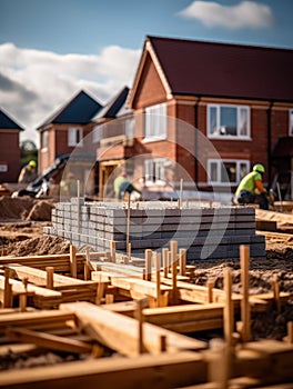 There are several construction workers building house. They are working on foundation of new home, which is being built