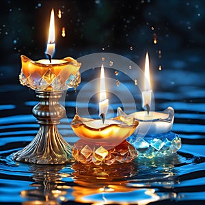 There are several types of candle holders placed on the surface of the water.