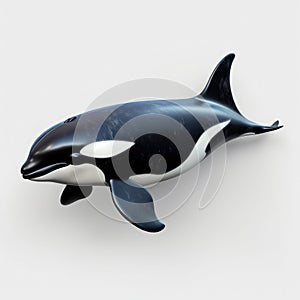 There is small orca whale swimming in an aquarium. The whale appears to be white and black with its tail up as it moves