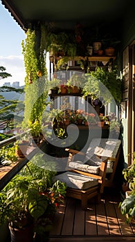 there are some chairs and plants on the porch of a house