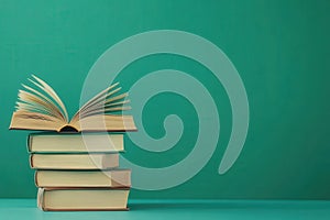 There is a stack of books, and on the top, there is an open book