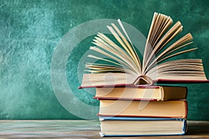 There is a stack of books, and on the top, there is an open book