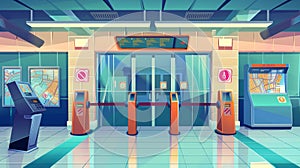 There is a turnstile on the entrance to the metro station, a ticket machine and a subway map. A modern cartoon set shows