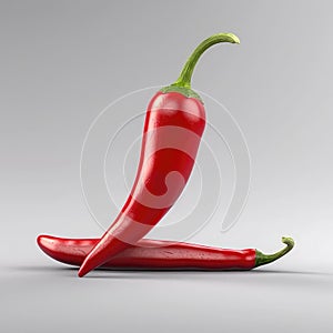 There are two red chili peppers on white background. One of them is standing upright while other one is lying down