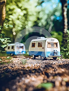 There are two small models of RVs or campers placed on dirt road in forest. The vehicles appear to be made out of wood