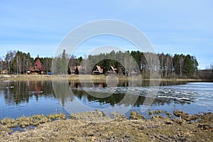 There is a unique village on the river bank. Wooden houses in the forest. Mixed forest of coniferous and deciduous