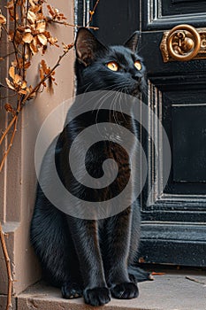 There was a cute black cat sitting near the door, guarding the entrance
