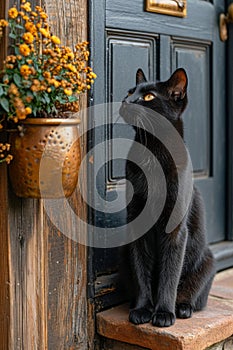 There was a cute black cat sitting near the door, guarding the entrance