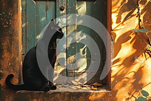 There was a cute black cat sitting near the door, guarding the entrance