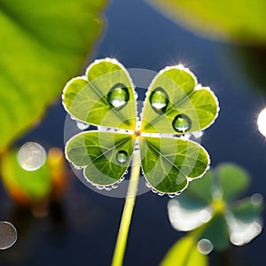 There are water droplets on the leaves the background is the river, there is sunlight shining on the four-leaf clover