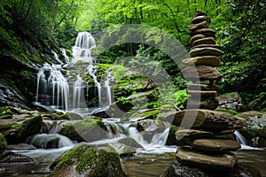 There is a waterfall behind and a pile of rocks in the foreground