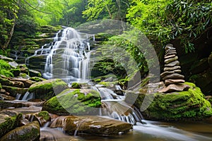 There is a waterfall behind and a pile of rocks in the foreground