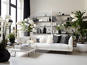 Black and white luxury interior design with sofa sets for modern homes photo