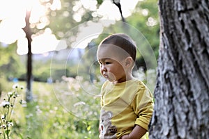 Happy joyful Asia Chinese little boy toddler child enjoy Spring have fun outside embrace nature outdoor carefree childhood