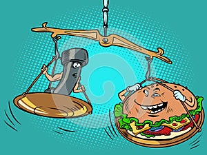 Theres a kettlebell and a burger on the scale. The burger is heavier. Sports against unhealthy food