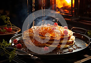 Thermador pancake fryer by. A stack of pancakes with syrup being poured on them