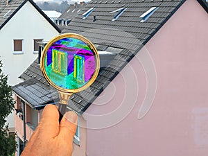 Thermal image through the magnifying glass, thermal insulation photo