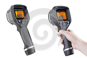 Thermal imager isolated on a white background. Monitoring the temperature distribution of the investigated surface. Thermal