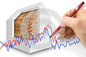 Thermal insulation design of old buildings to improve energy efficiency and reduce thermal losses - 3D render concept with graph