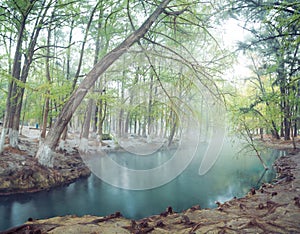 Thermal lagoon under deep sky , Blurred photo of morning fog over a lake in cold autumn weather in half moon san luis potosi